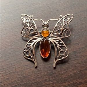 Amber and Sterling Silver Butterfly Pin Brooch